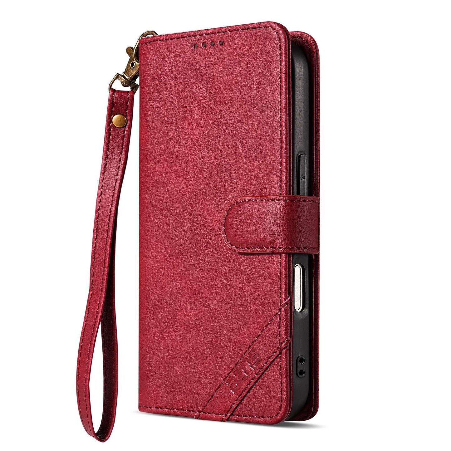 For iPhone 18 Pro Max AZNS A2 Series Tri-Card Wallet RFID Vegan Leather Phone Case with Strap(Red)