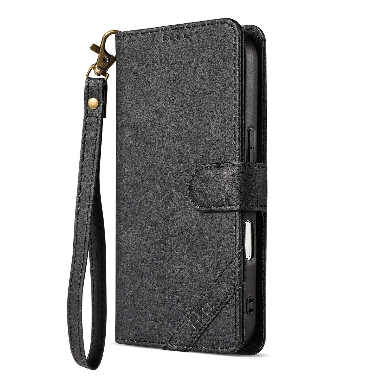 For iPhone 18 Pro Max AZNS A2 Series Tri-Card Wallet RFID Vegan Leather Phone Case with Strap(Black)