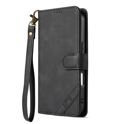For iPhone 18 Pro Max AZNS A2 Series Tri-Card Wallet RFID Vegan Leather Phone Case with Strap(Black)