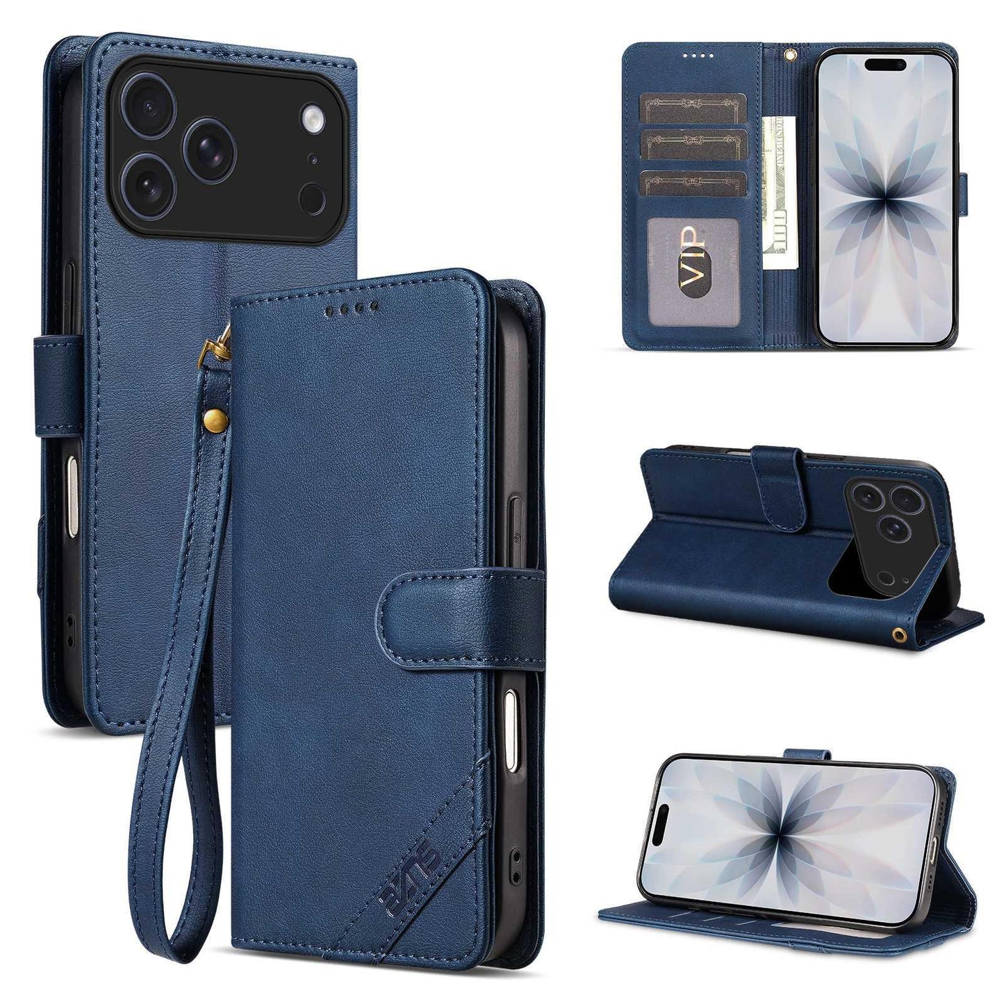 For iPhone 18 Pro Max AZNS A2 Series Tri-Card Wallet RFID Vegan Leather Phone Case with Strap(Blue)