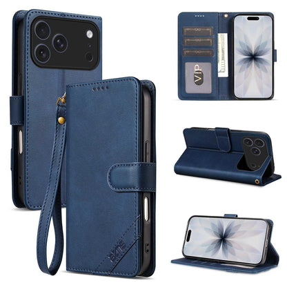 For iPhone 18 Pro Max AZNS A2 Series Tri-Card Wallet RFID Vegan Leather Phone Case with Strap(Blue)