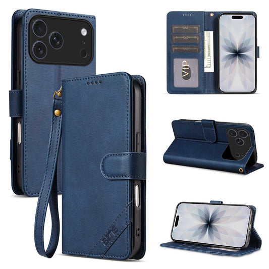 For iPhone 18 Pro Max AZNS A2 Series Tri-Card Wallet RFID Vegan Leather Phone Case with Strap(Blue)