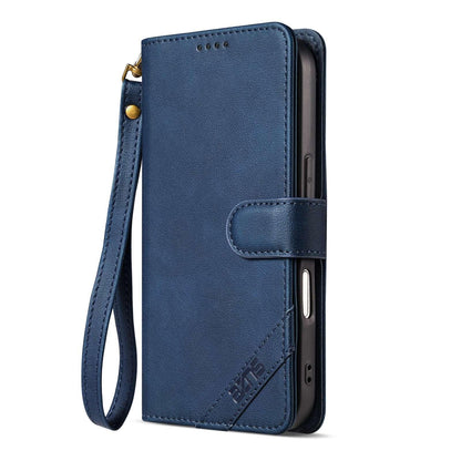 For iPhone 18 Pro Max AZNS A2 Series Tri-Card Wallet RFID Vegan Leather Phone Case with Strap(Blue)
