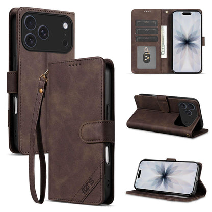 For iPhone 18 Pro AZNS A2 Series Tri-Card Wallet RFID Vegan Leather Phone Case with Strap(Brown)