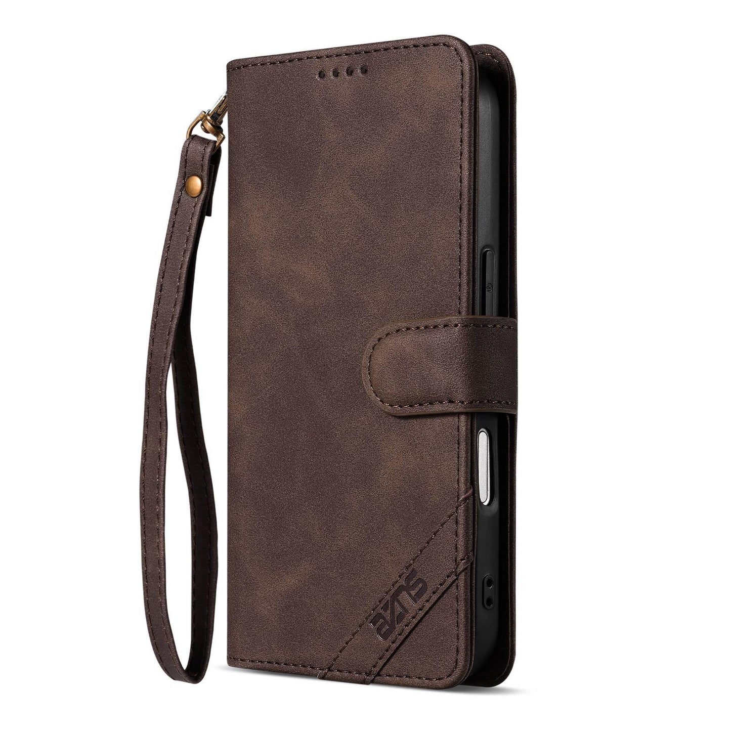 For iPhone 18 Pro AZNS A2 Series Tri-Card Wallet RFID Vegan Leather Phone Case with Strap(Brown)