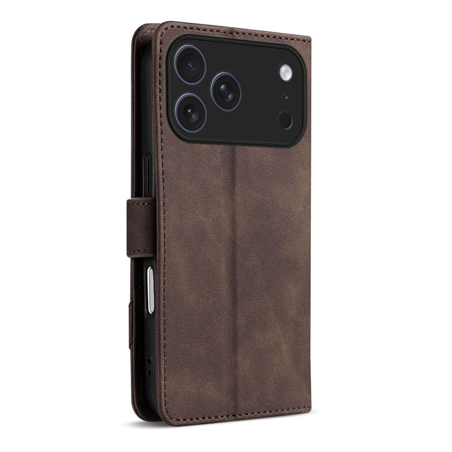 For iPhone 18 Pro AZNS A2 Series Tri-Card Wallet RFID Vegan Leather Phone Case with Strap(Brown)