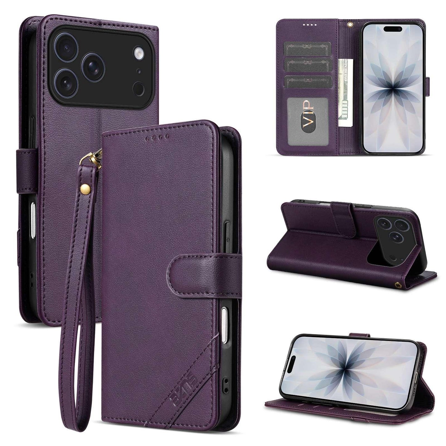 For iPhone 18 Pro AZNS A2 Series Tri-Card Wallet RFID Vegan Leather Phone Case with Strap(Purple)