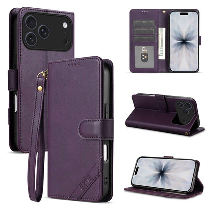 For iPhone 18 Pro AZNS A2 Series Tri-Card Wallet RFID Vegan Leather Phone Case with Strap(Purple)
