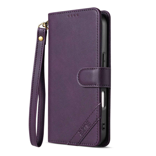 For iPhone 18 Pro AZNS A2 Series Tri-Card Wallet RFID Vegan Leather Phone Case with Strap(Purple)