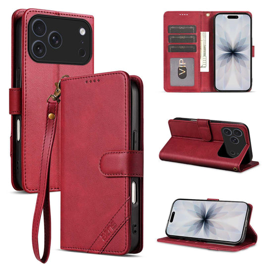 For iPhone 18 Pro AZNS A2 Series Tri-Card Wallet RFID Vegan Leather Phone Case with Strap(Red)