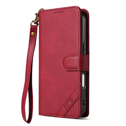 For iPhone 18 Pro AZNS A2 Series Tri-Card Wallet RFID Vegan Leather Phone Case with Strap(Red)