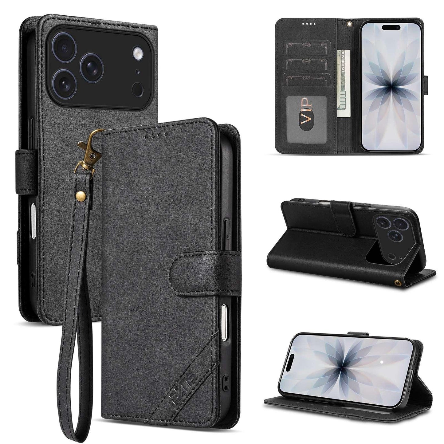For iPhone 18 Pro AZNS A2 Series Tri-Card Wallet RFID Vegan Leather Phone Case with Strap(Black)