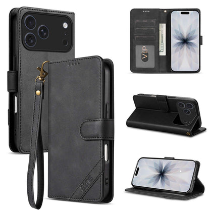 For iPhone 18 Pro AZNS A2 Series Tri-Card Wallet RFID Vegan Leather Phone Case with Strap(Black)