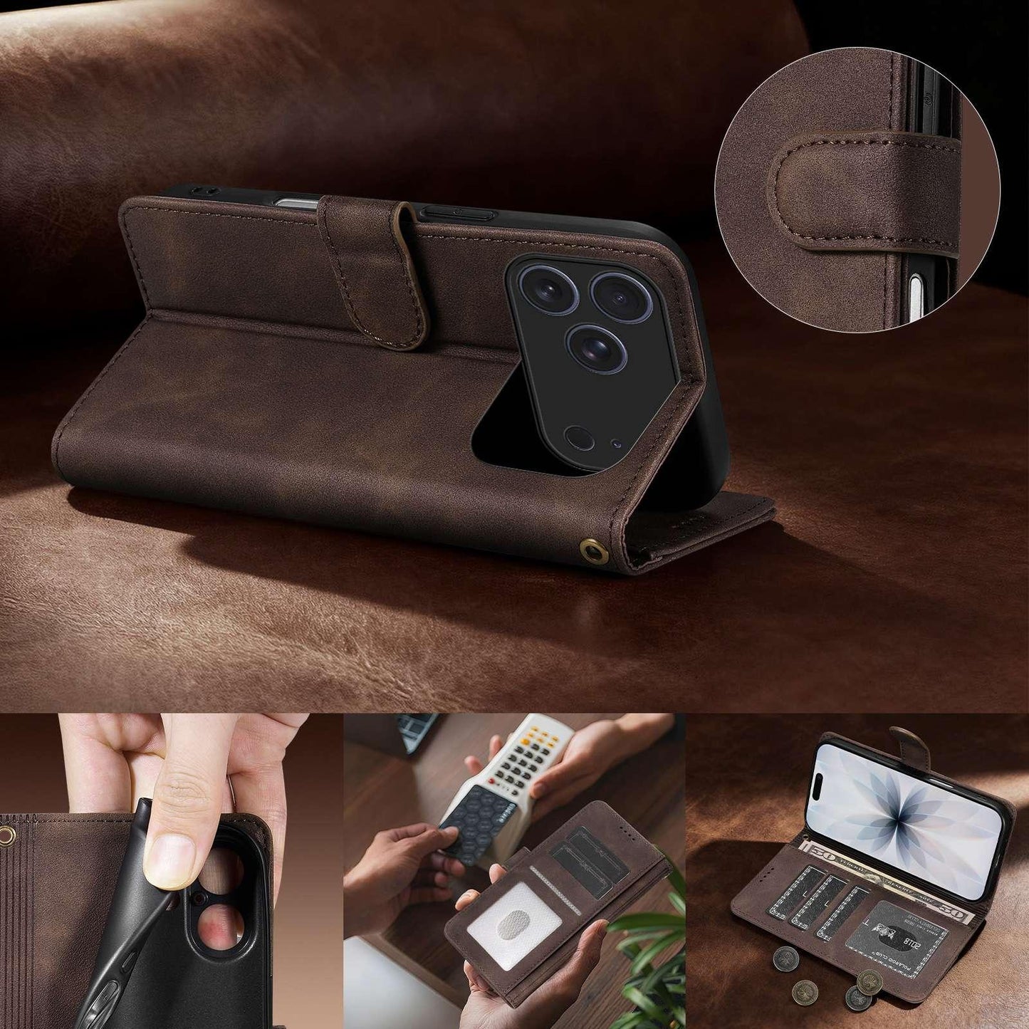 For iPhone 18 Pro AZNS A2 Series Tri-Card Wallet RFID Vegan Leather Phone Case with Strap(Black)