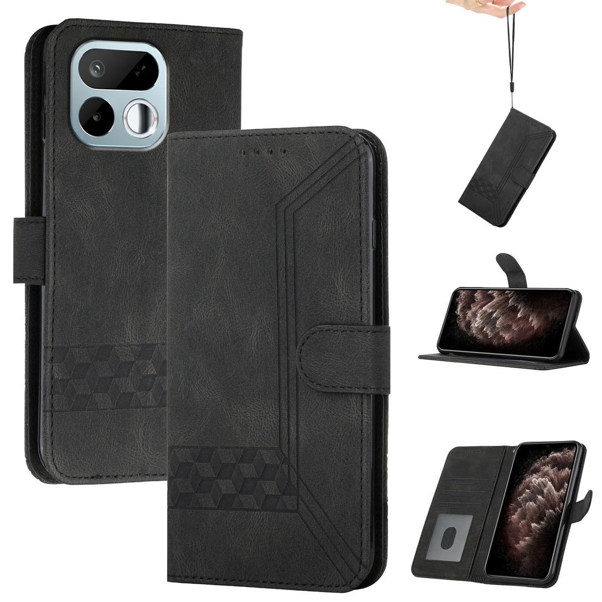 For Realme 16T 5G Cubic Skin Feel Flip Leather Phone Case - Black - EDA009133807D