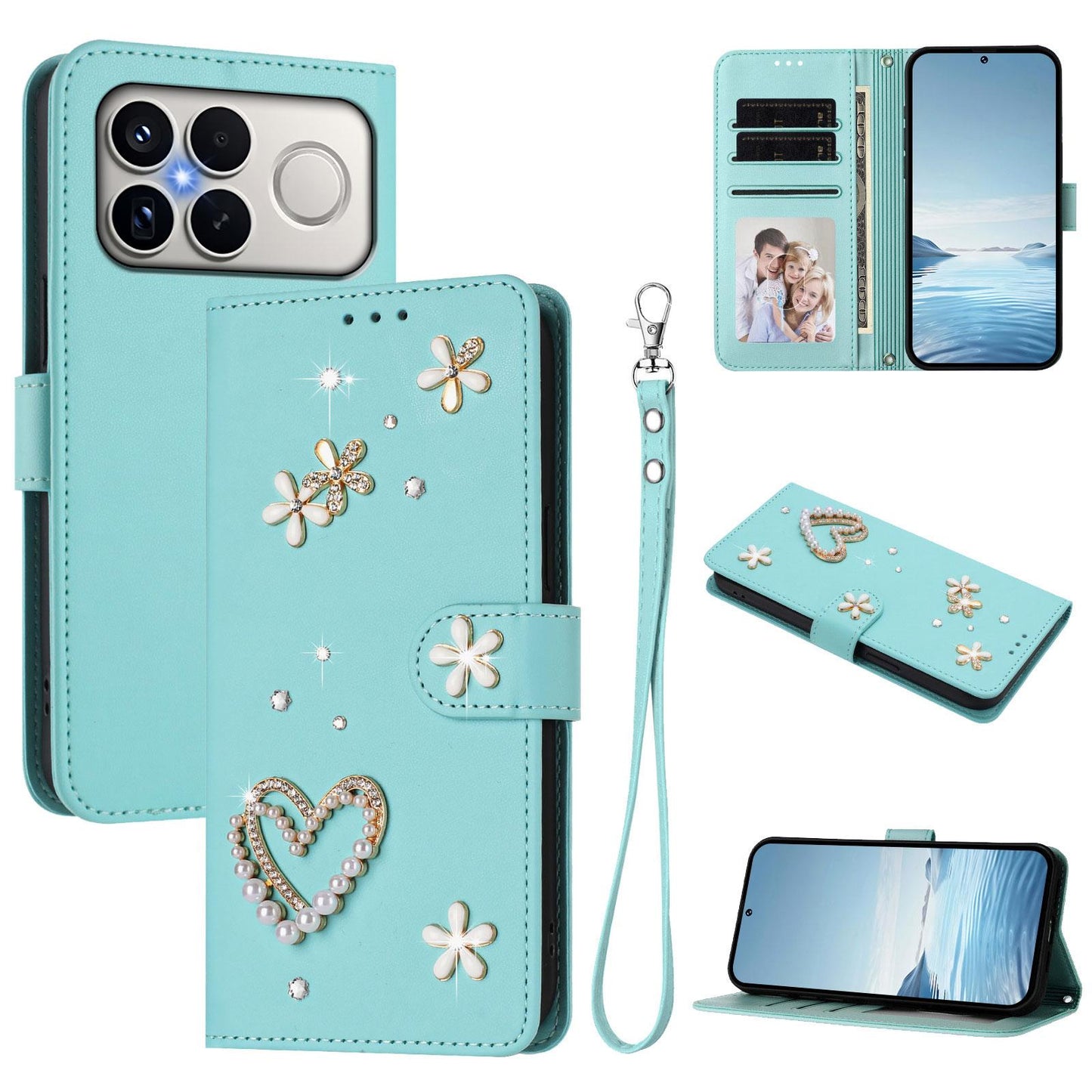 For Xiaomi Poco F8 Ultra / Redmi K90 Pro Max ZS01 Double-Layer Heart Floral Vegan Leather Phone Case with Wrist Strap(Mint Green)