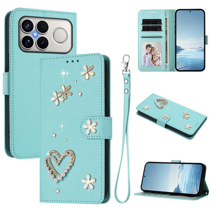 For Xiaomi Poco F8 Ultra / Redmi K90 Pro Max ZS01 Double-Layer Heart Floral Vegan Leather Phone Case with Wrist Strap(Mint Green)