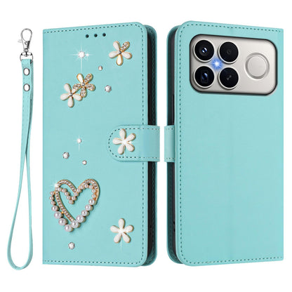 For Xiaomi Poco F8 Ultra / Redmi K90 Pro Max ZS01 Double-Layer Heart Floral Vegan Leather Phone Case with Wrist Strap(Mint Green)