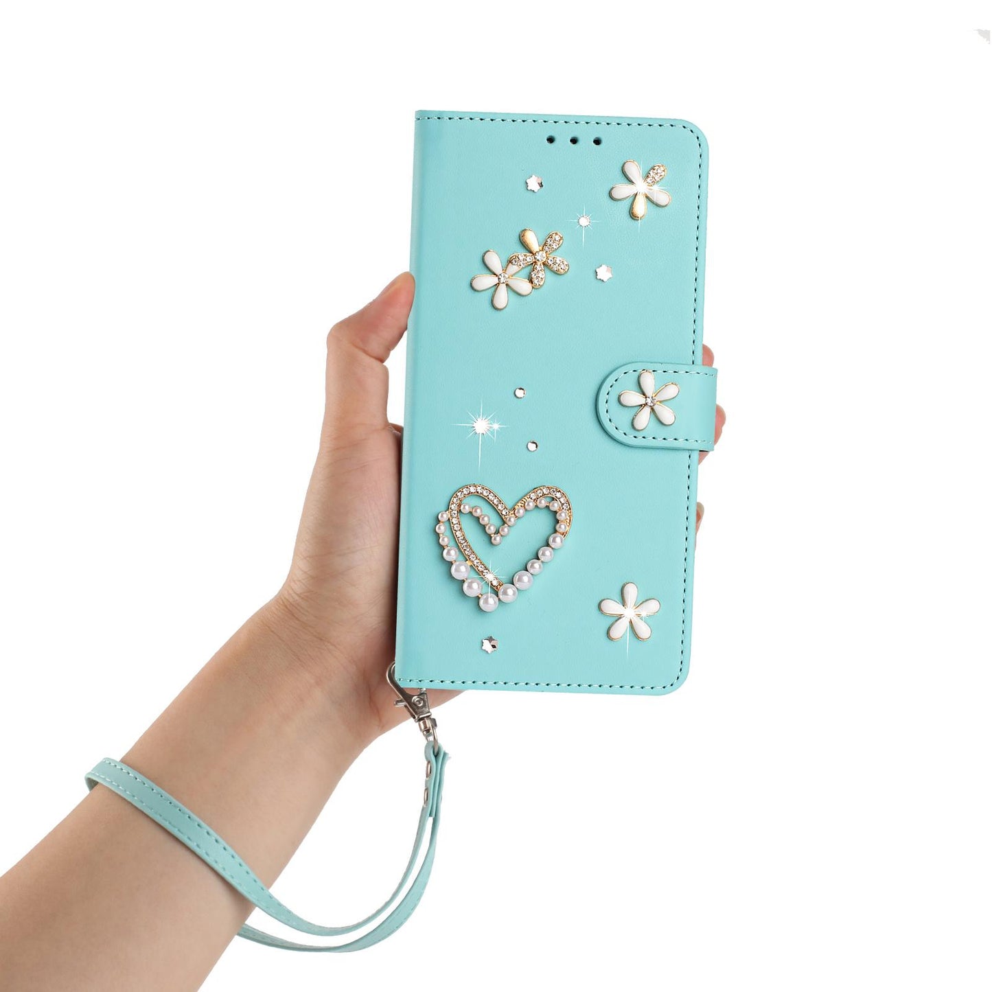 For Xiaomi Poco F8 Ultra / Redmi K90 Pro Max ZS01 Double-Layer Heart Floral Vegan Leather Phone Case with Wrist Strap(Mint Green)