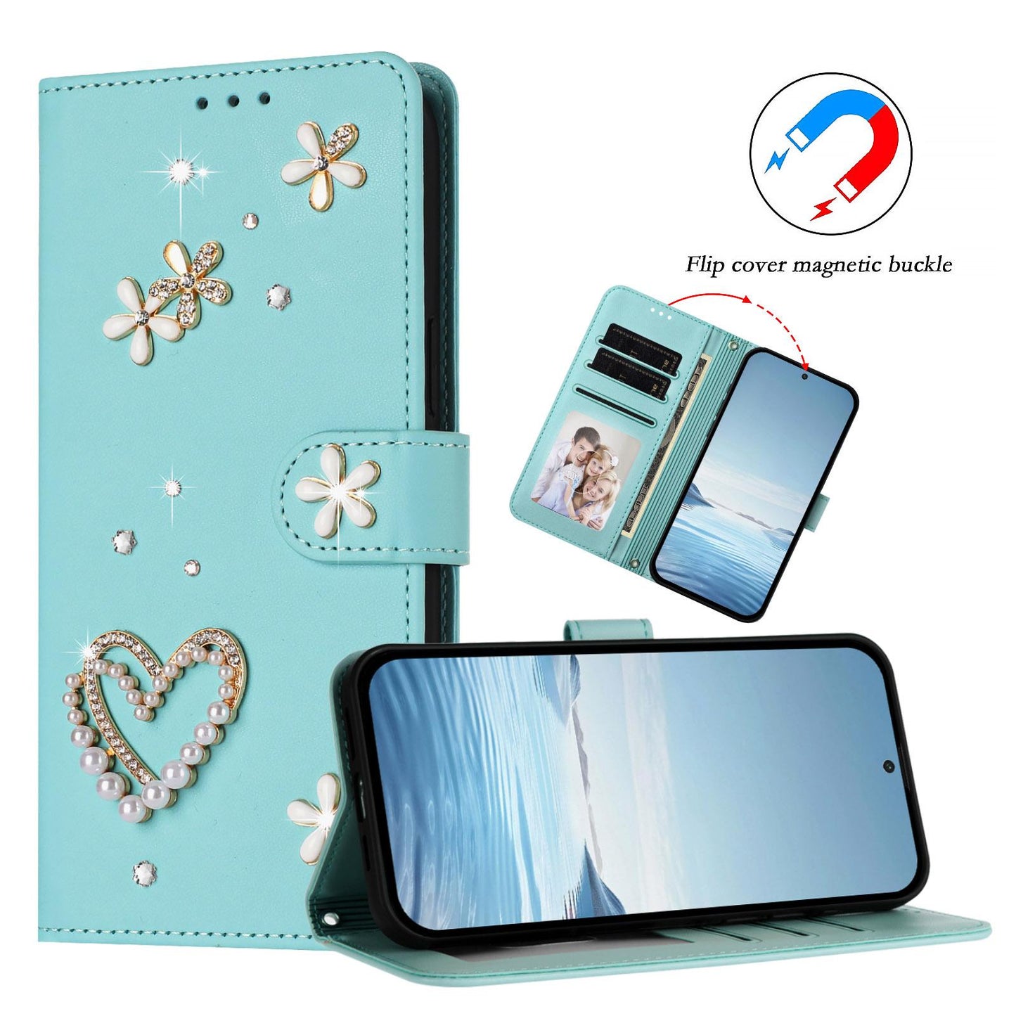 For Xiaomi Poco F8 Ultra / Redmi K90 Pro Max ZS01 Double-Layer Heart Floral Vegan Leather Phone Case with Wrist Strap(Mint Green)