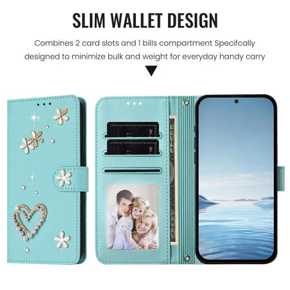 For Xiaomi Poco F8 Ultra / Redmi K90 Pro Max ZS01 Double-Layer Heart Floral Vegan Leather Phone Case with Wrist Strap(Mint Green)