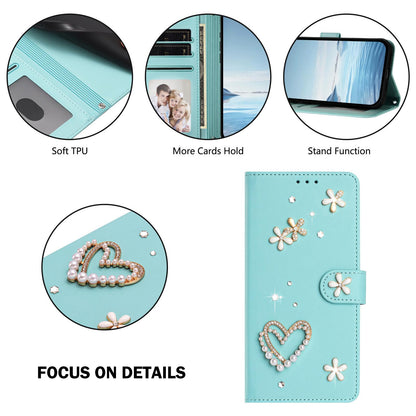 For Xiaomi Poco F8 Ultra / Redmi K90 Pro Max ZS01 Double-Layer Heart Floral Vegan Leather Phone Case with Wrist Strap(Mint Green)