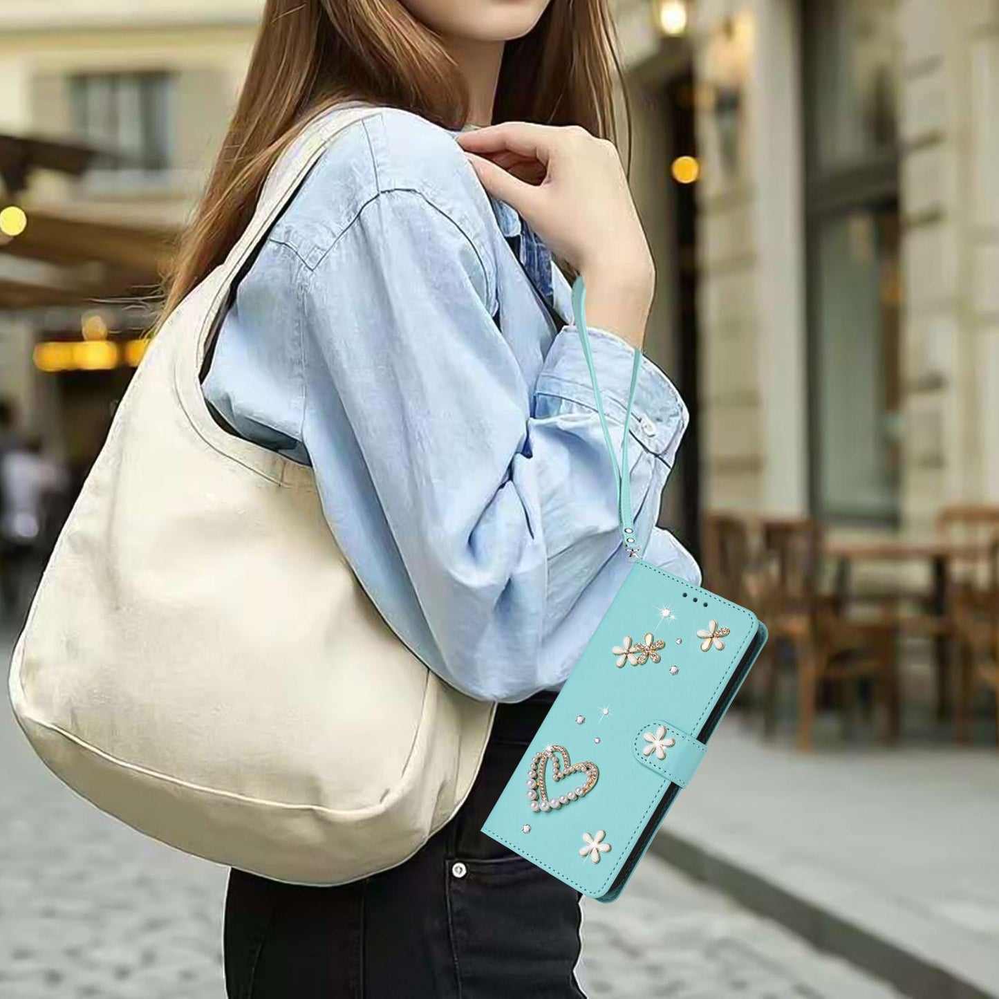 For Xiaomi Poco F8 Ultra / Redmi K90 Pro Max ZS01 Double-Layer Heart Floral Vegan Leather Phone Case with Wrist Strap(Mint Green)