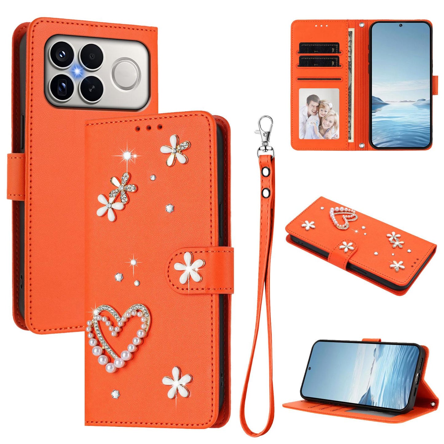 For Xiaomi Poco F8 Ultra / Redmi K90 Pro Max ZS01 Double-Layer Heart Floral Vegan Leather Phone Case with Wrist Strap(Orange)