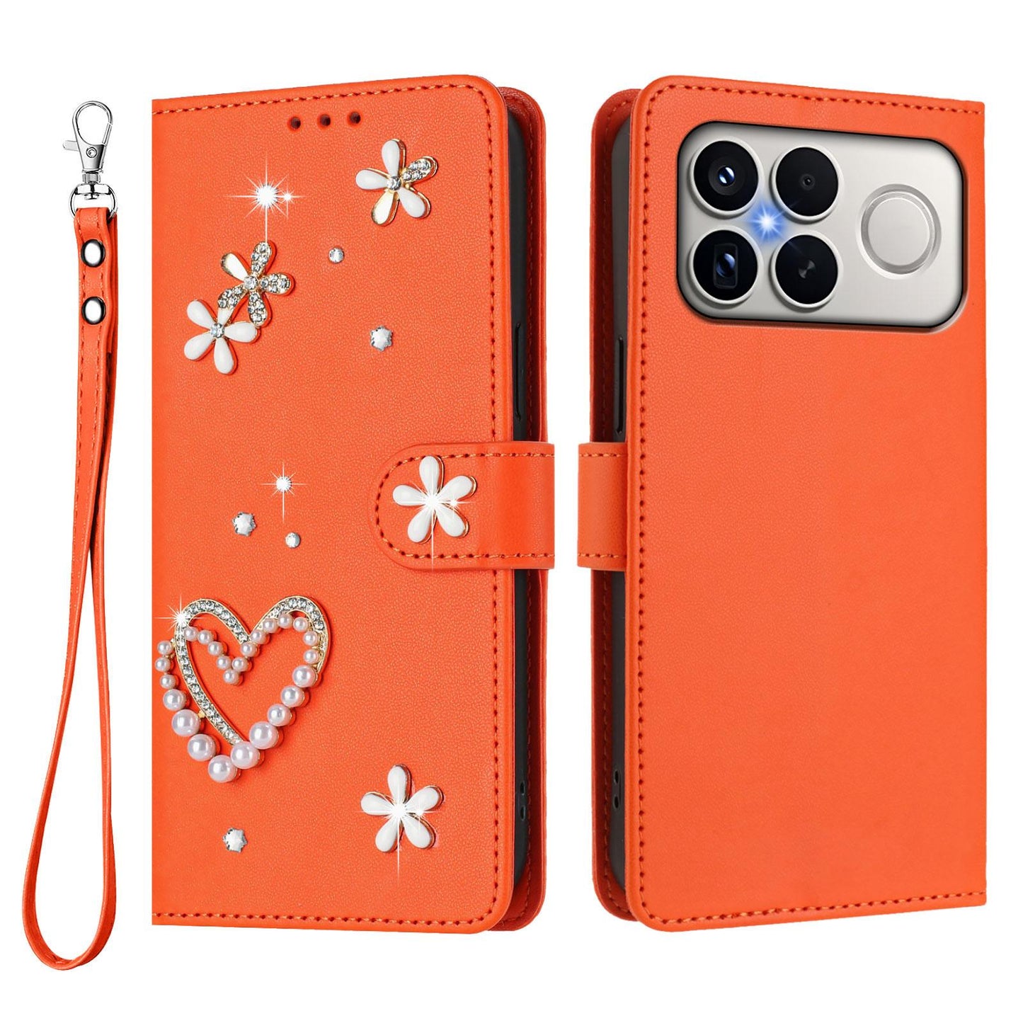 For Xiaomi Poco F8 Ultra / Redmi K90 Pro Max ZS01 Double-Layer Heart Floral Vegan Leather Phone Case with Wrist Strap(Orange)
