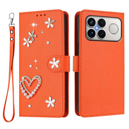 For Xiaomi Poco F8 Ultra / Redmi K90 Pro Max ZS01 Double-Layer Heart Floral Vegan Leather Phone Case with Wrist Strap(Orange)