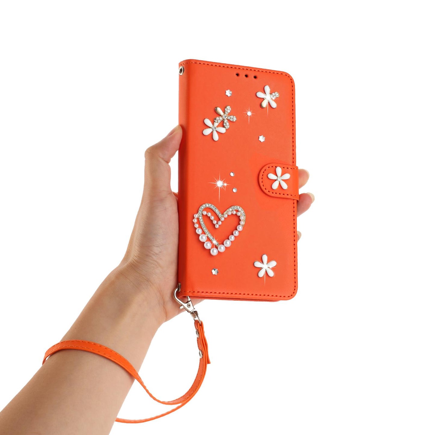 For Xiaomi Poco F8 Ultra / Redmi K90 Pro Max ZS01 Double-Layer Heart Floral Vegan Leather Phone Case with Wrist Strap(Orange)
