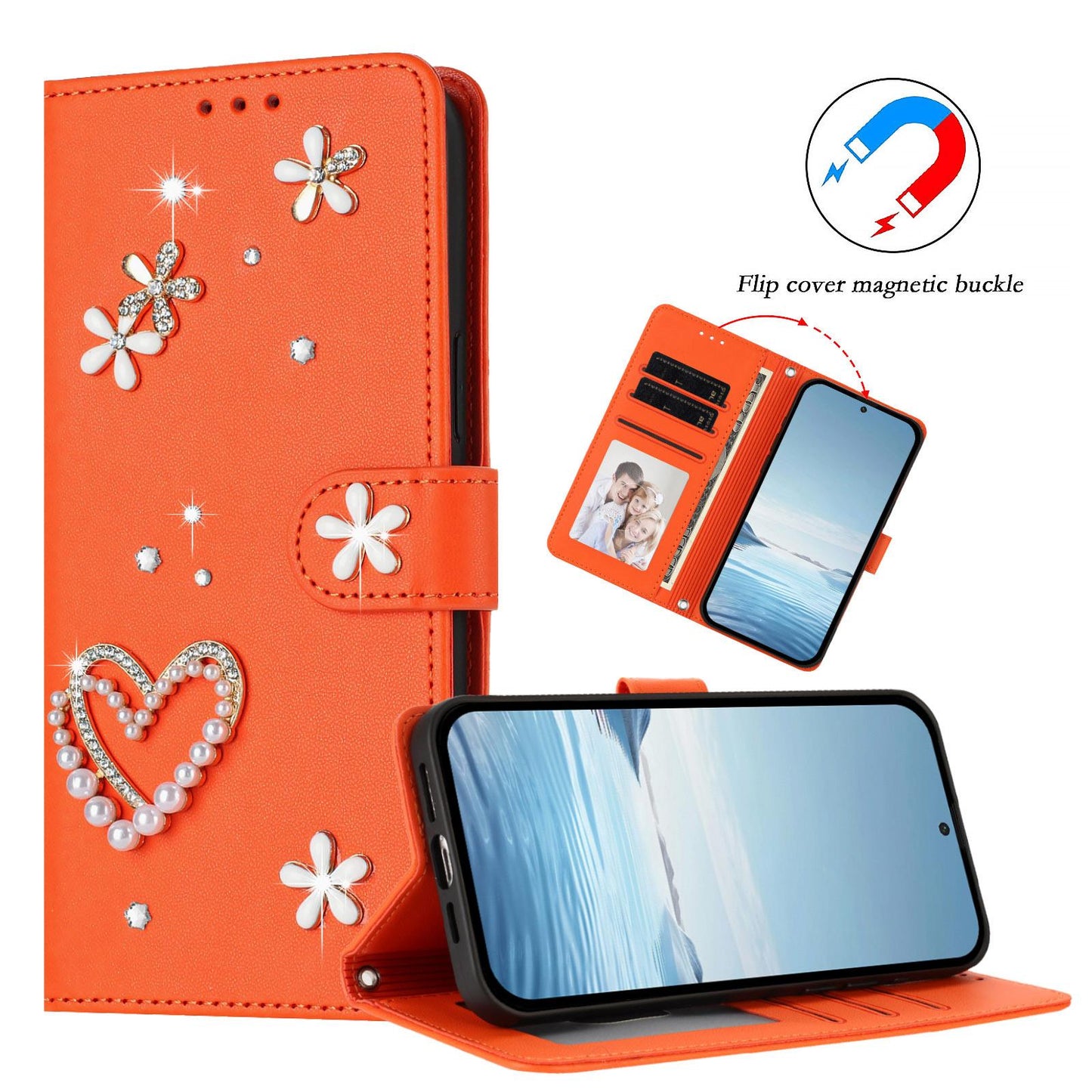 For Xiaomi Poco F8 Ultra / Redmi K90 Pro Max ZS01 Double-Layer Heart Floral Vegan Leather Phone Case with Wrist Strap(Orange)