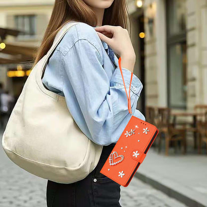 For Xiaomi Poco F8 Ultra / Redmi K90 Pro Max ZS01 Double-Layer Heart Floral Vegan Leather Phone Case with Wrist Strap(Orange)