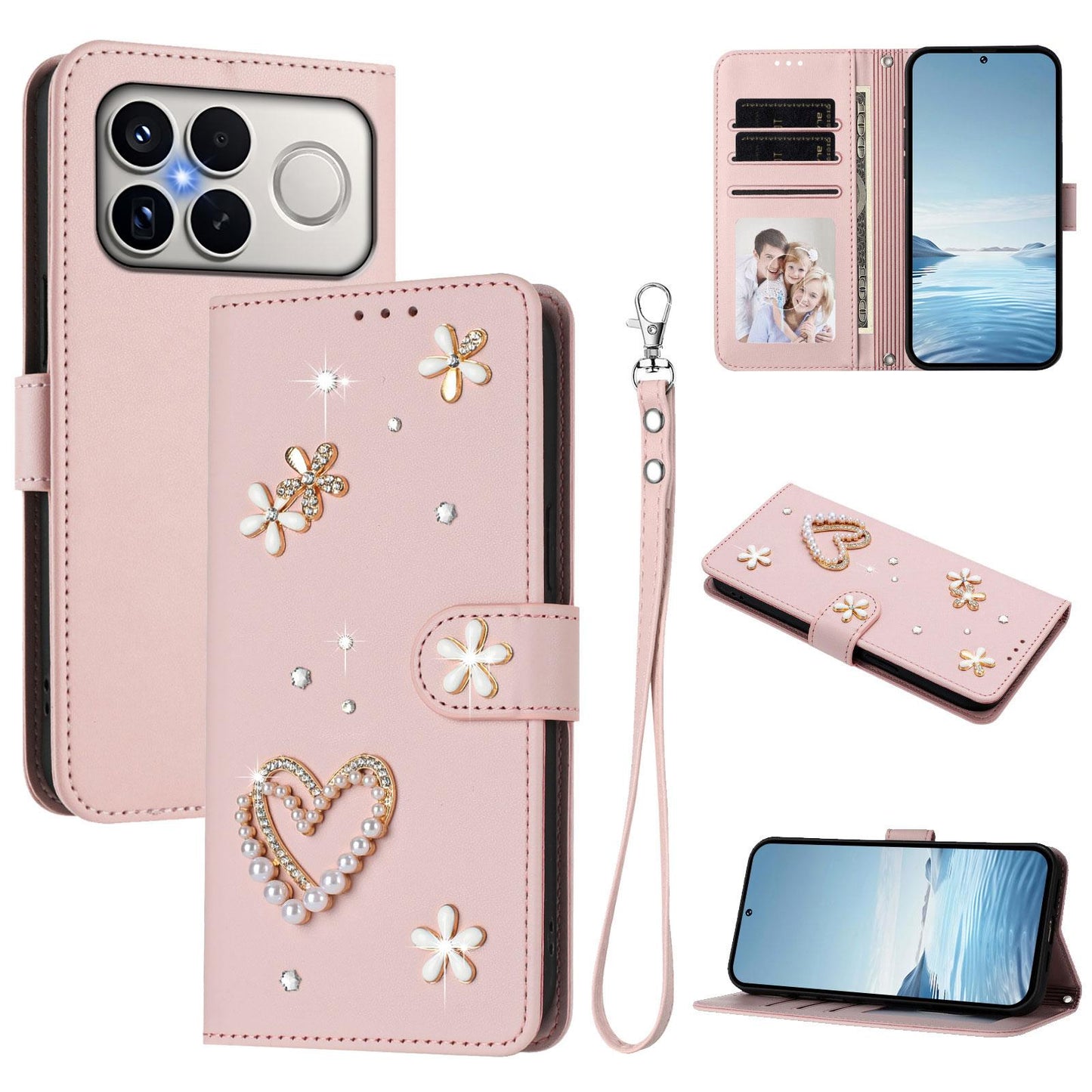 For Xiaomi Poco F8 Ultra / Redmi K90 Pro Max ZS01 Double-Layer Heart Floral Vegan Leather Phone Case with Wrist Strap(Pink)