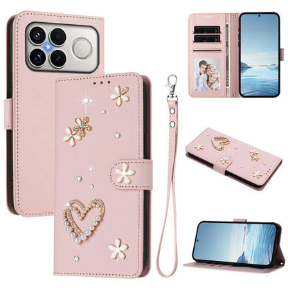 For Xiaomi Poco F8 Ultra / Redmi K90 Pro Max ZS01 Double-Layer Heart Floral Vegan Leather Phone Case with Wrist Strap(Pink)