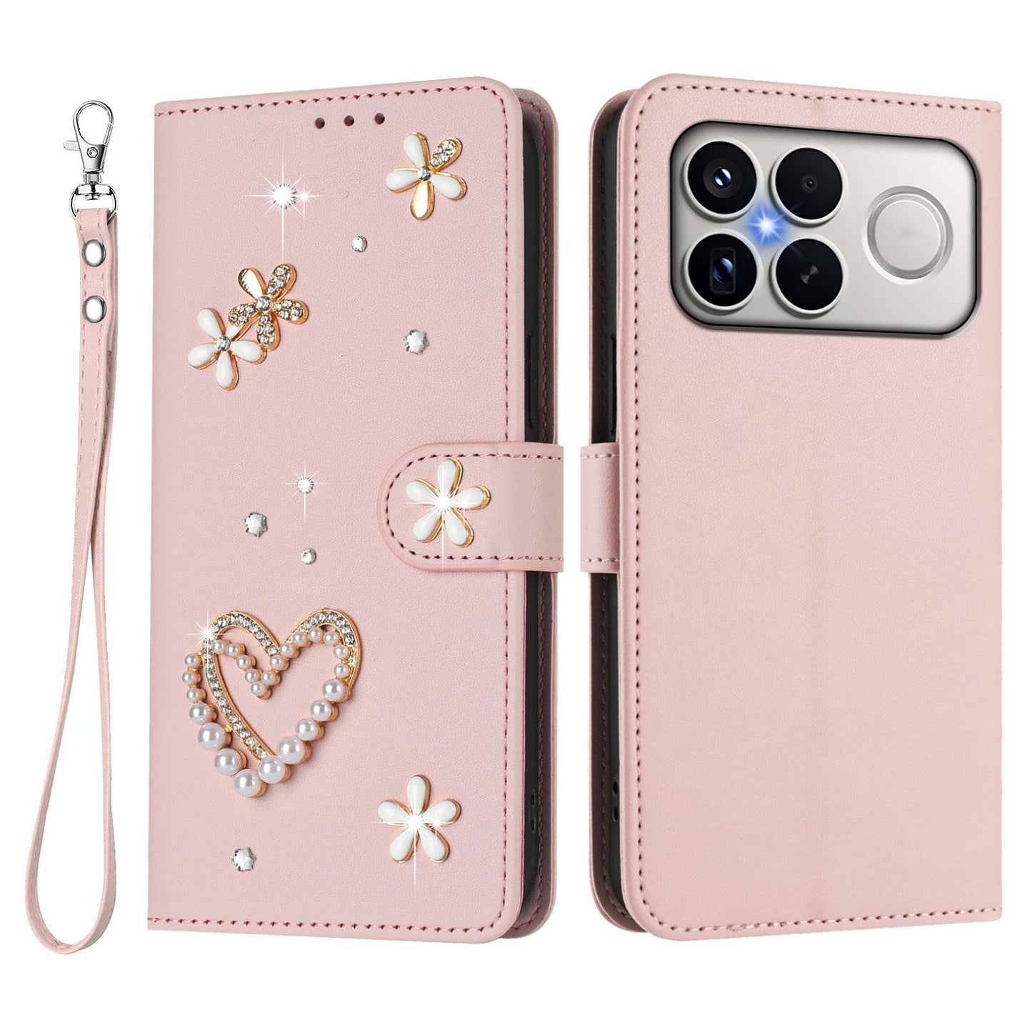 For Xiaomi Poco F8 Ultra / Redmi K90 Pro Max ZS01 Double-Layer Heart Floral Vegan Leather Phone Case with Wrist Strap(Pink)