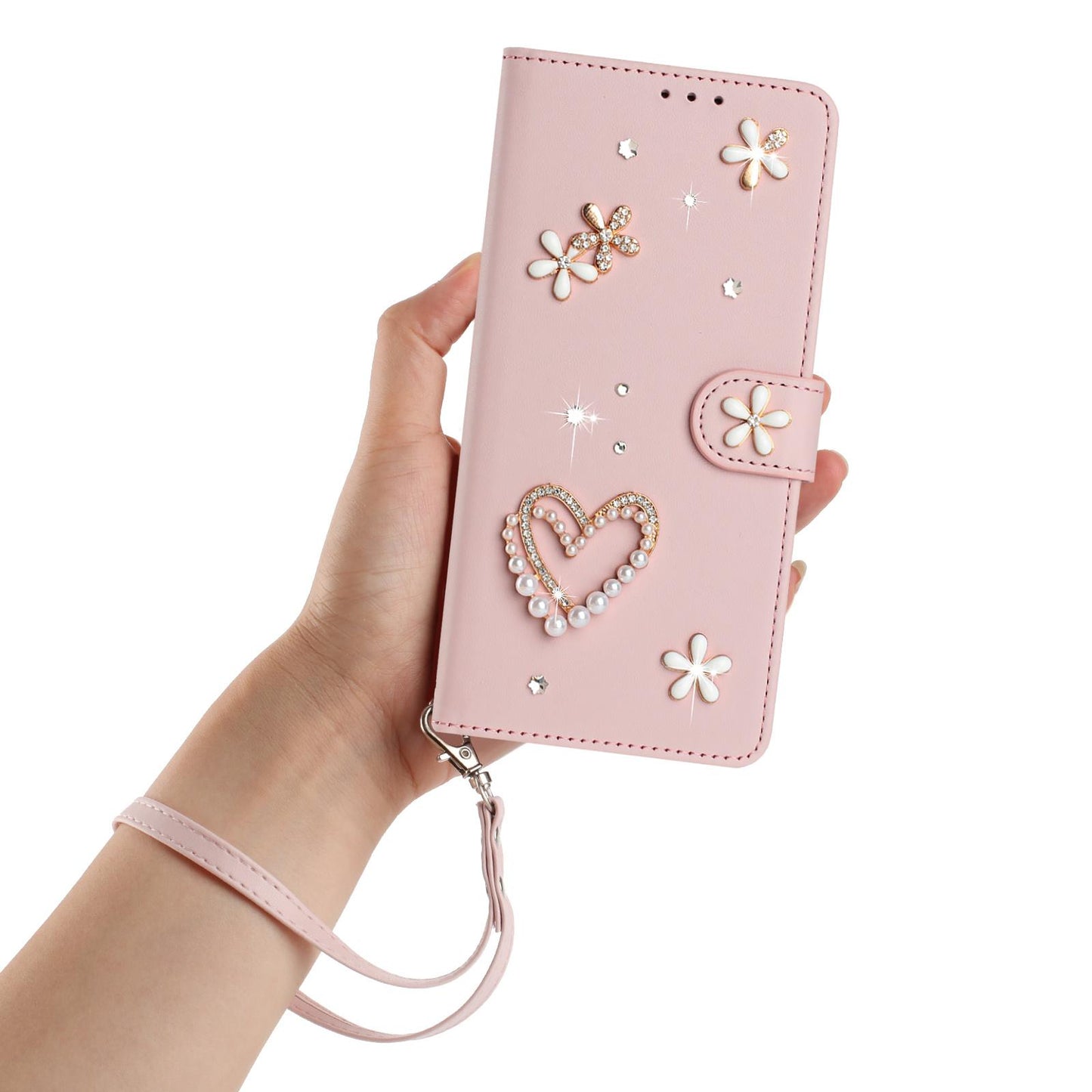 For Xiaomi Poco F8 Ultra / Redmi K90 Pro Max ZS01 Double-Layer Heart Floral Vegan Leather Phone Case with Wrist Strap(Pink)