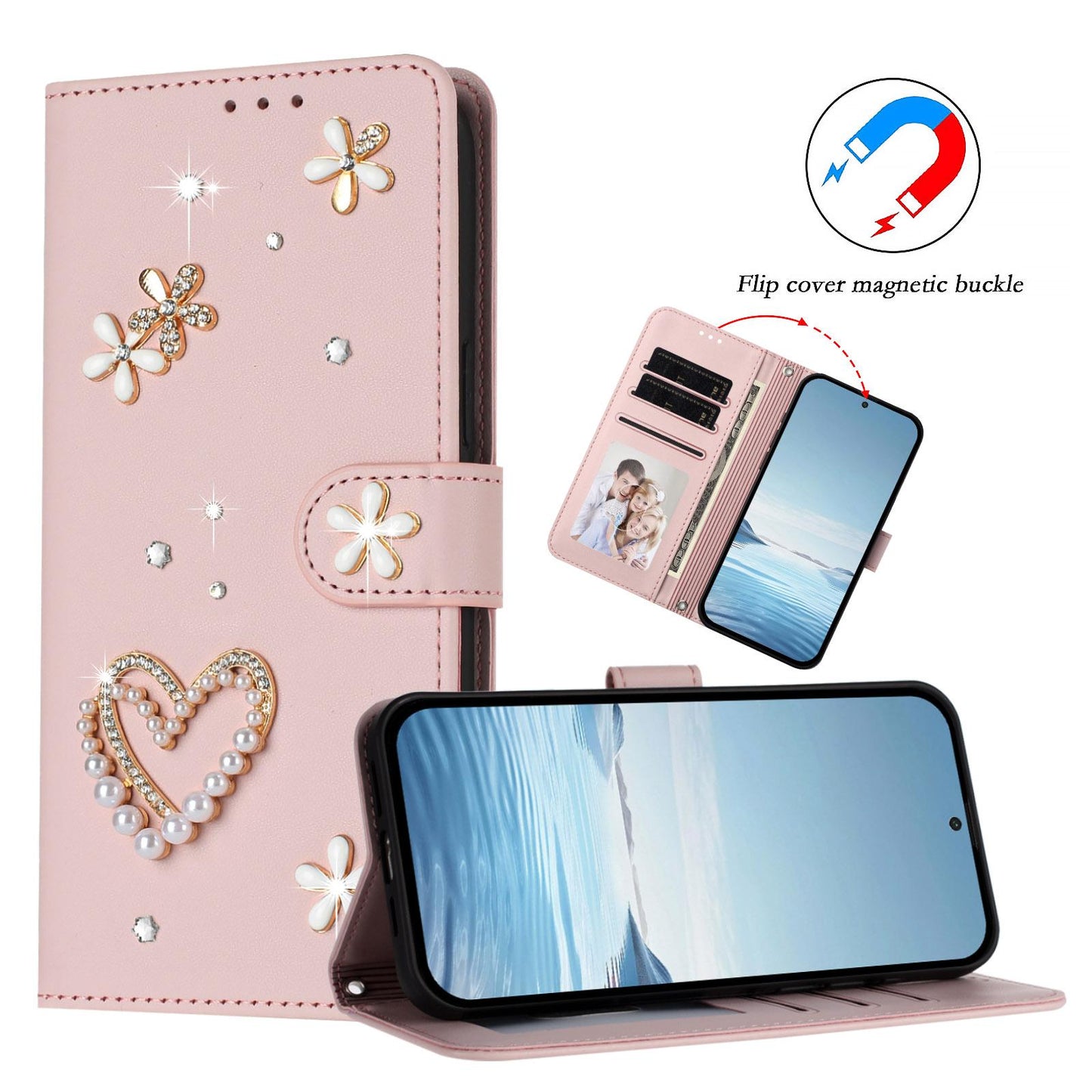 For Xiaomi Poco F8 Ultra / Redmi K90 Pro Max ZS01 Double-Layer Heart Floral Vegan Leather Phone Case with Wrist Strap(Pink)