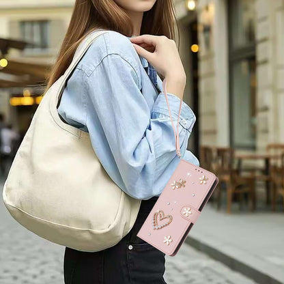 For Xiaomi Poco F8 Ultra / Redmi K90 Pro Max ZS01 Double-Layer Heart Floral Vegan Leather Phone Case with Wrist Strap(Pink)