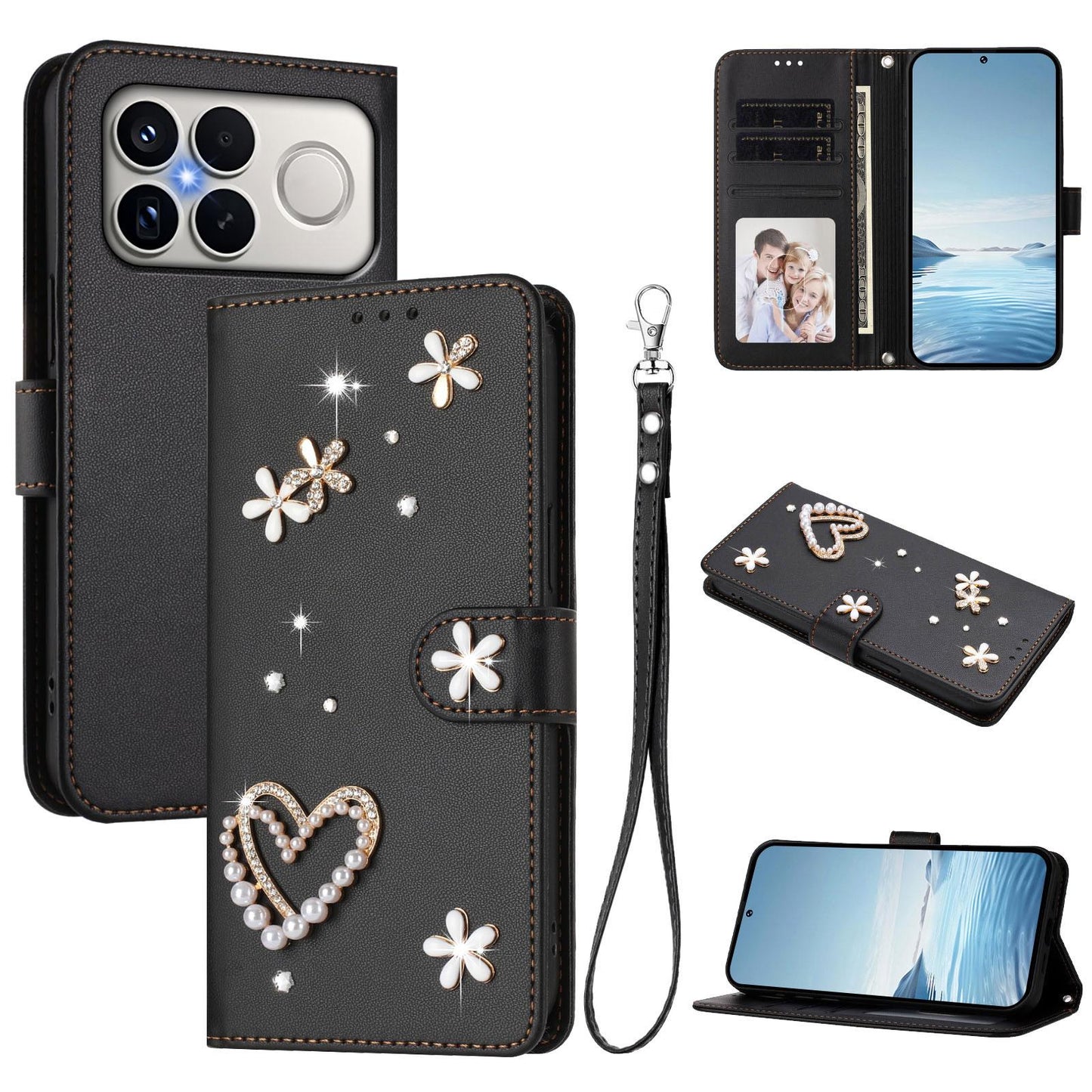 For Xiaomi Poco F8 Ultra / Redmi K90 Pro Max ZS01 Double-Layer Heart Floral Vegan Leather Phone Case with Wrist Strap(Black)