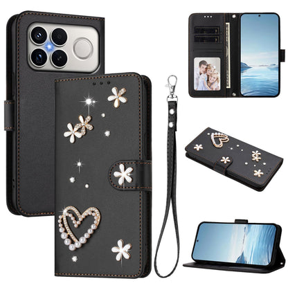 For Xiaomi Poco F8 Ultra / Redmi K90 Pro Max ZS01 Double-Layer Heart Floral Vegan Leather Phone Case with Wrist Strap(Black)