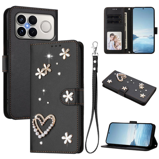 For Xiaomi Poco F8 Ultra / Redmi K90 Pro Max ZS01 Double-Layer Heart Floral Vegan Leather Phone Case with Wrist Strap(Black)