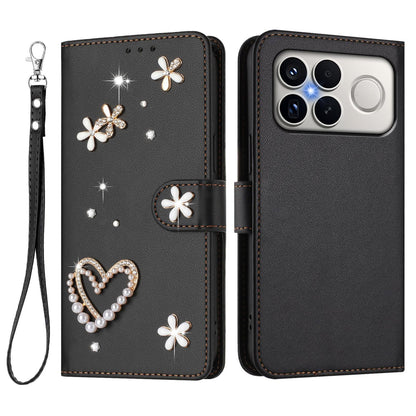 For Xiaomi Poco F8 Ultra / Redmi K90 Pro Max ZS01 Double-Layer Heart Floral Vegan Leather Phone Case with Wrist Strap(Black)