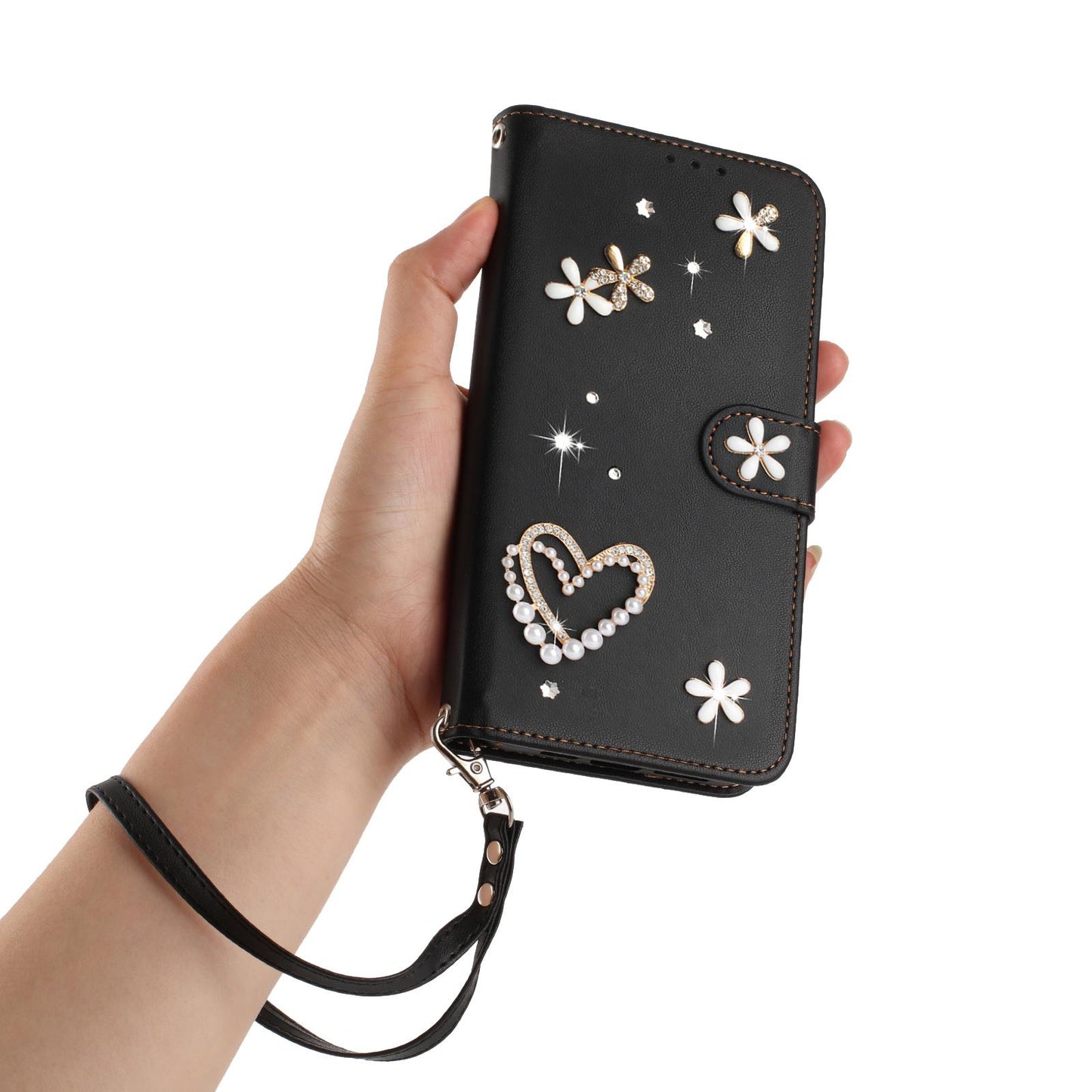 For Xiaomi Poco F8 Ultra / Redmi K90 Pro Max ZS01 Double-Layer Heart Floral Vegan Leather Phone Case with Wrist Strap(Black)