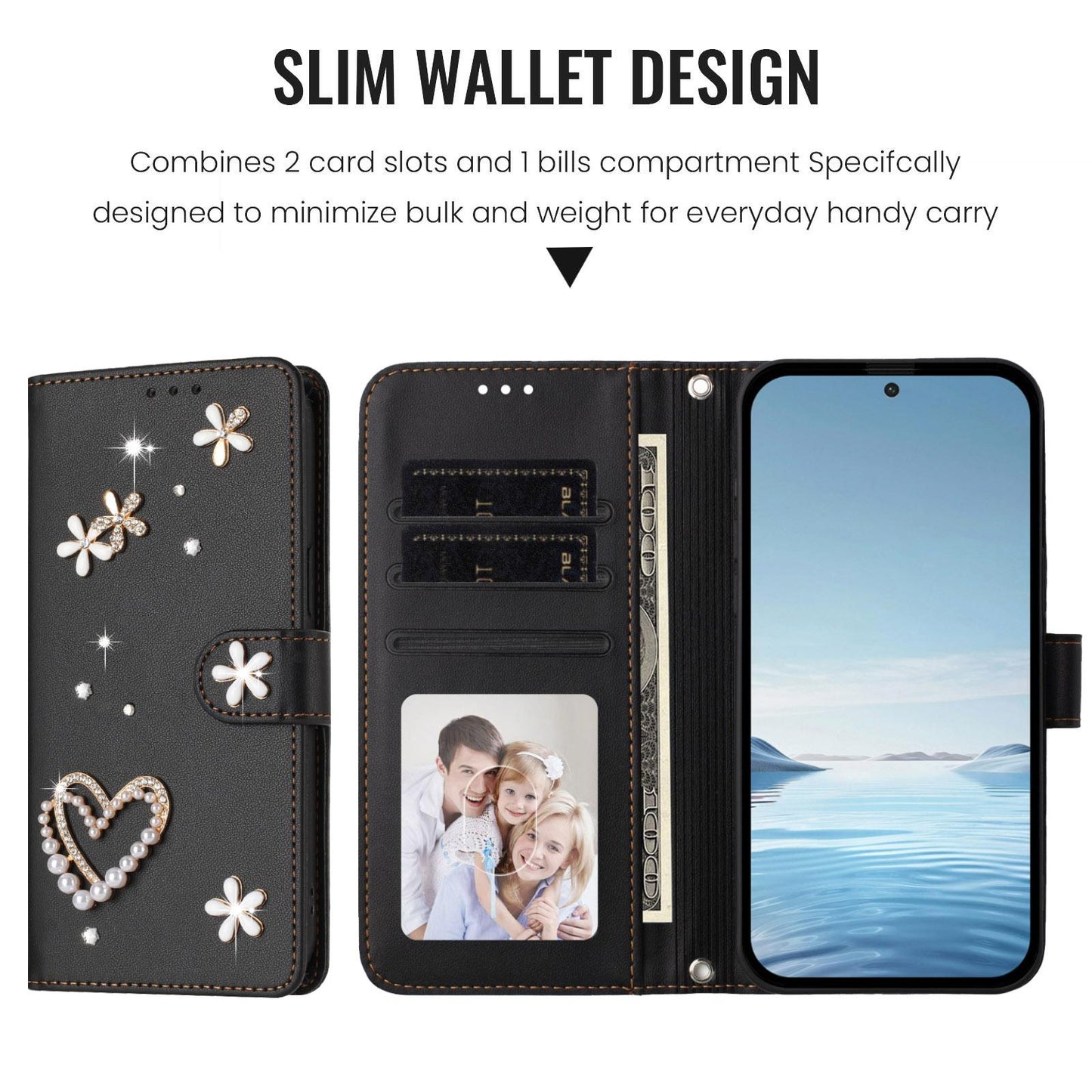 For Xiaomi Poco F8 Ultra / Redmi K90 Pro Max ZS01 Double-Layer Heart Floral Vegan Leather Phone Case with Wrist Strap(Black)