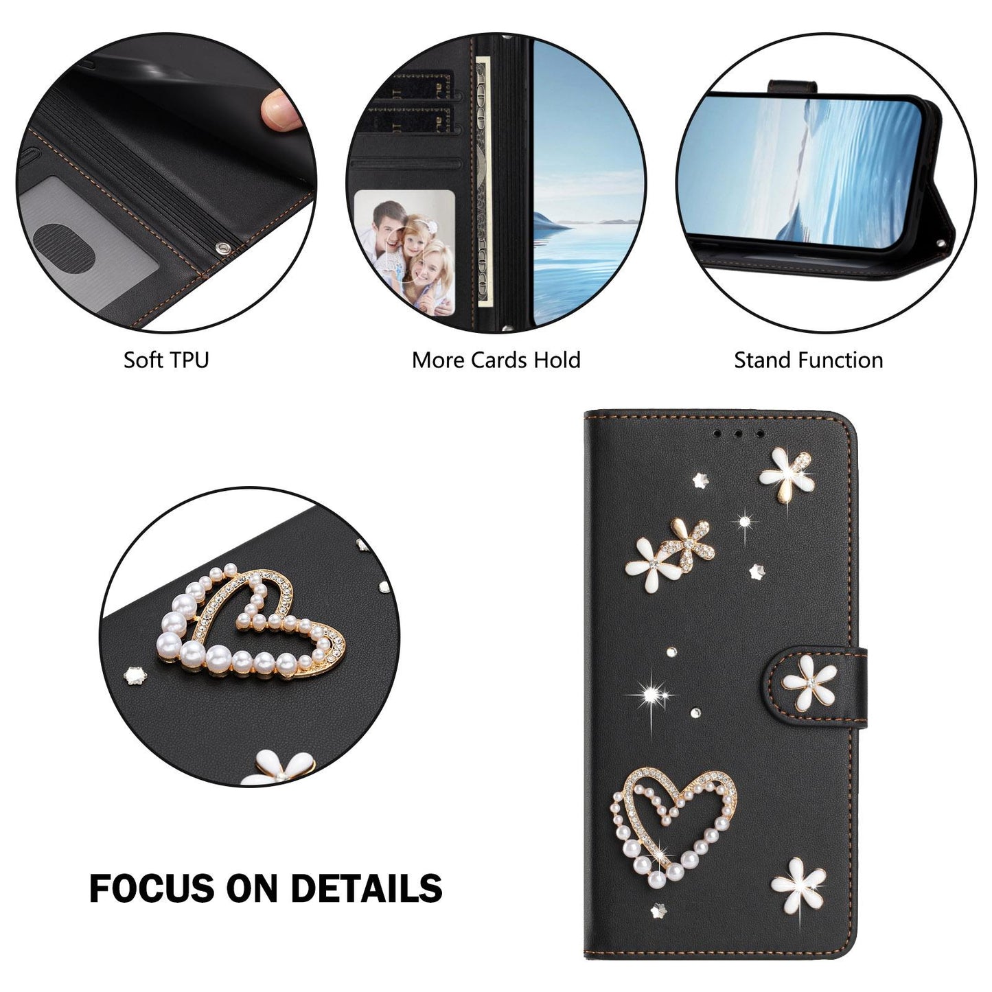 For Xiaomi Poco F8 Ultra / Redmi K90 Pro Max ZS01 Double-Layer Heart Floral Vegan Leather Phone Case with Wrist Strap(Black)