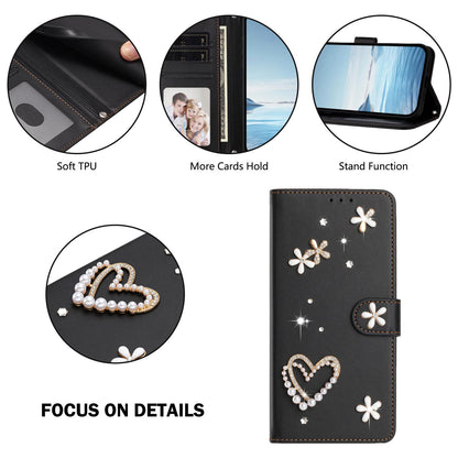 For Xiaomi Poco F8 Ultra / Redmi K90 Pro Max ZS01 Double-Layer Heart Floral Vegan Leather Phone Case with Wrist Strap(Black)
