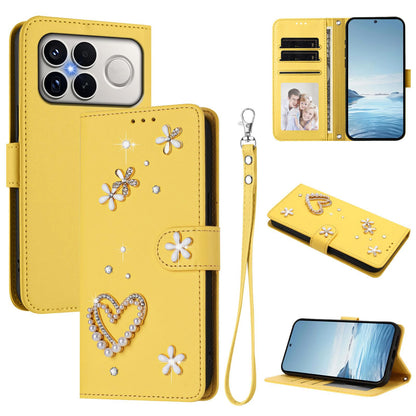 For Xiaomi Poco F8 Ultra / Redmi K90 Pro Max ZS01 Double-Layer Heart Floral Vegan Leather Phone Case with Wrist Strap(Yellow)