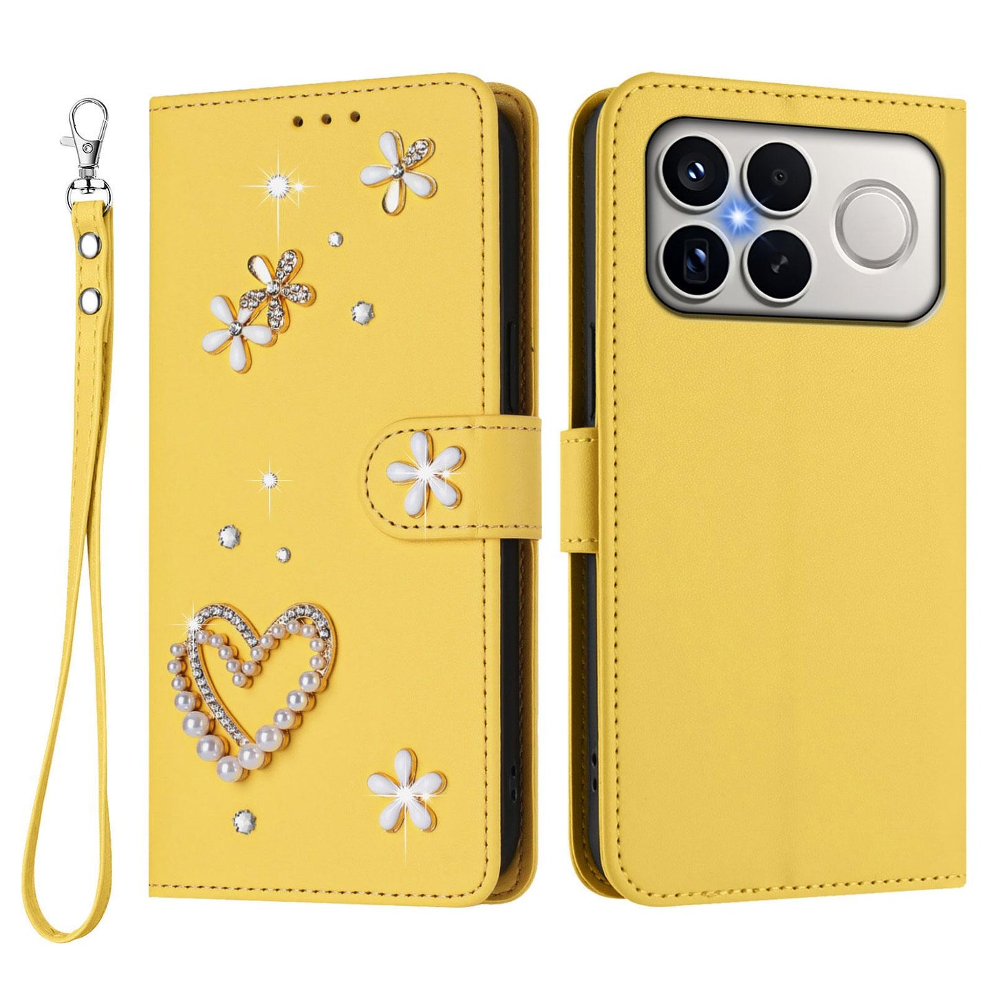 For Xiaomi Poco F8 Ultra / Redmi K90 Pro Max ZS01 Double-Layer Heart Floral Vegan Leather Phone Case with Wrist Strap(Yellow)