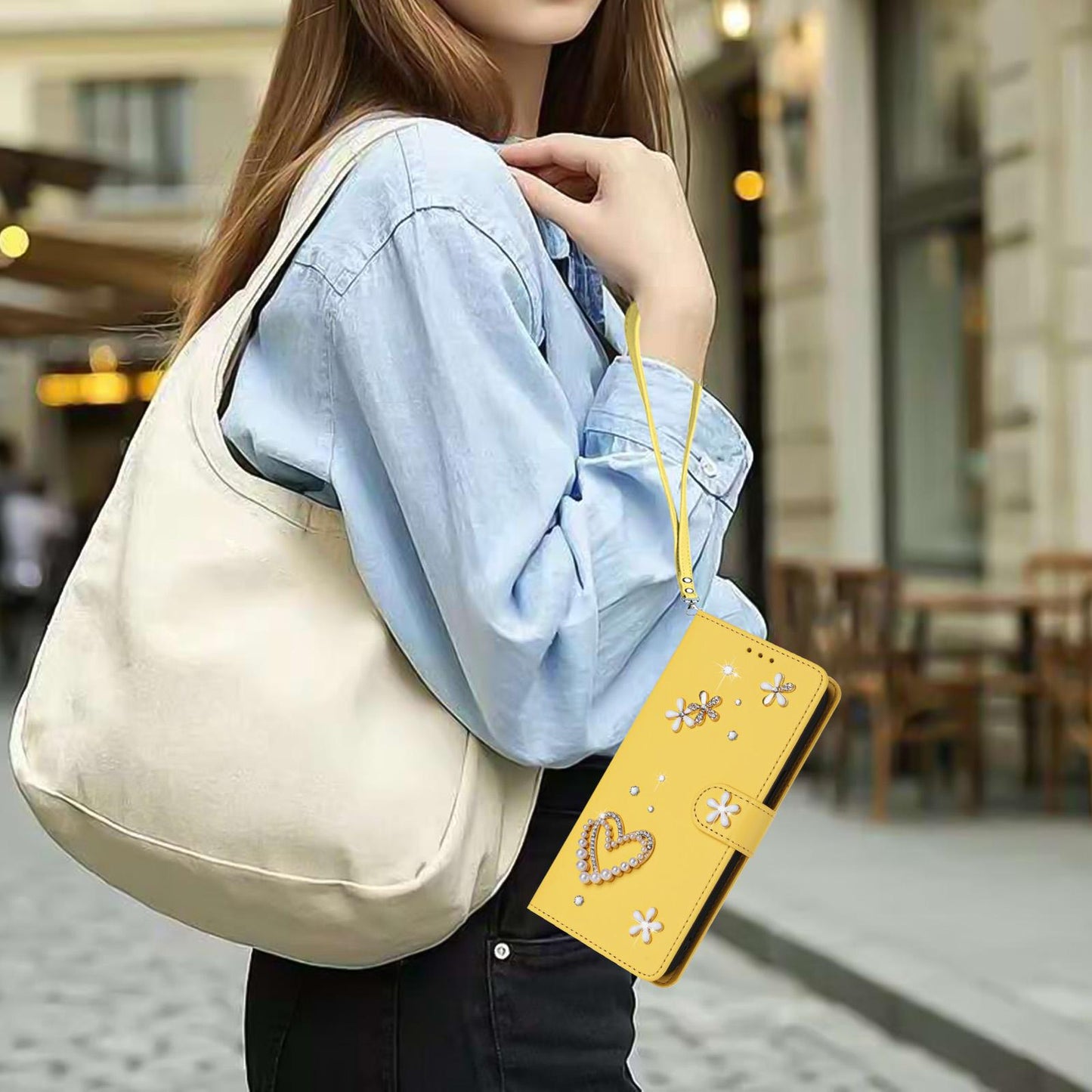 For Xiaomi Poco F8 Ultra / Redmi K90 Pro Max ZS01 Double-Layer Heart Floral Vegan Leather Phone Case with Wrist Strap(Yellow)